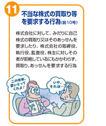 不当な株式の買取り等を要求する行為(前10号) 株式会社に対して、みだりに自己株式の買取り又はそのあっせんを要求したり、株式会社の取締役、執行役、監査役、株主に対しその者が拒絶しているにもかかわらず、買取り、あっせんを要求する行為